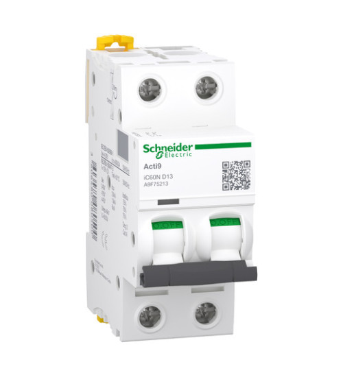 A9F75213 - Miniature circuit breaker (MCB), Acti9 iC60N, 2P, 13A, D curve, 6000A (IEC/EN 60898-1), 10kA (IEC/EN 60947-2) - Schneider Electric