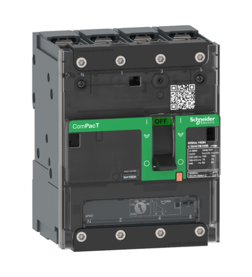 C11H6TM100B - Circuit breaker, ComPacT NSXm 160H, 70kA/415VAC, 4 poles 3D (neutral not protected), TMD trip unit 100A, lugs/busbars - Schneider Electric