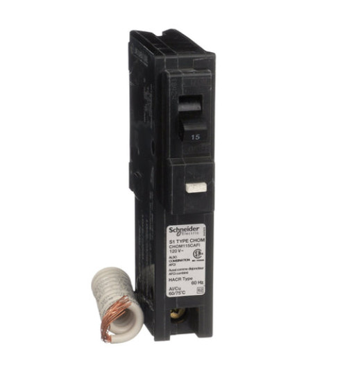 CHOM115CAFI - Mini circuit breaker, Homeline Canadian, 15A, 1 pole, 120VAC, 10kA AIR, combo arc fault, pigtail neutral, plug in, UL | Schneider Electric