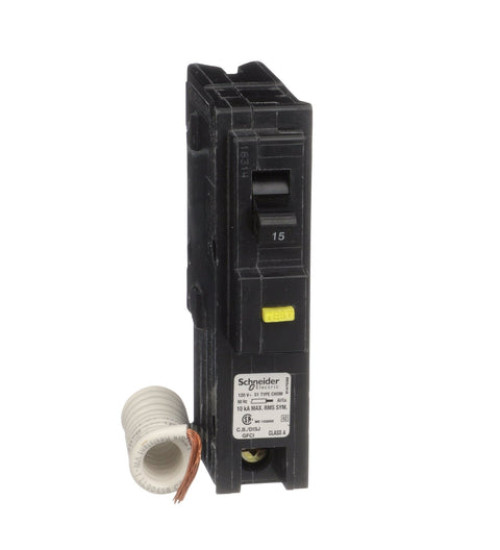 CHOM115GFI - Mini circuit breaker, Homeline Canadian, 15A, 1 pole, 120VAC, 10kA AIR, ground fault class A, plug in, UL | Schneider Electric