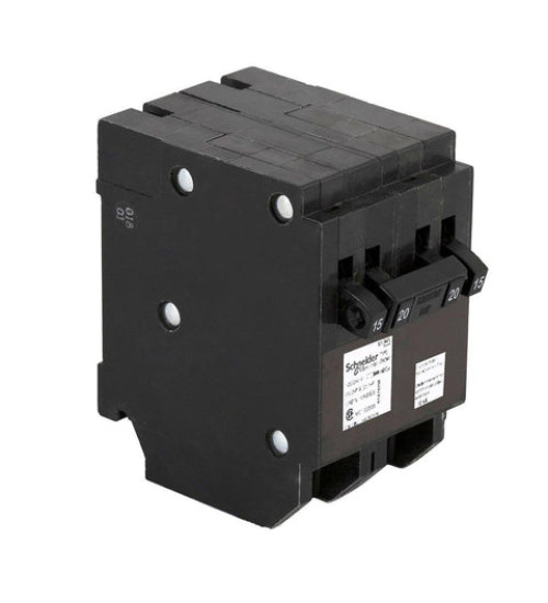 CHOMT1515220 - Quad tandem circuit breaker, Homeline Canadian, 2 x 1 pole at 15A, 1 x 2 pole at 20A, 120/240VAC, 10kA AIR, plug in, UL | Schneider Electric