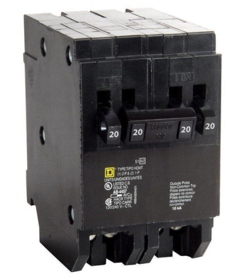 CHOMT2020220 - Quad tandem circuit breaker, Homeline Canadian, 2 x 1 pole at 20A, 1 x 2 pole at 20A, 120/240VAC, 10kA AIR, plug in, UL | Schneider Electric