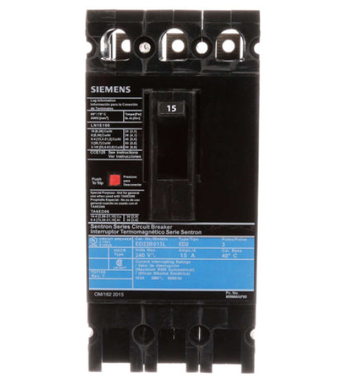 ED23B015 - LOW VOLTAGE SENTRON MOLDED CASE CIRCUIT BREAKER WITH THERMAL - MAGNETIC TRIP UNIT. STANDARD 40 DEG C BREAKER ED FRAME WITH STANDARD BREAKING CAPACITY. MEETS UL 489 / IEC 60947-2 STANDARDS. 15A 3-POLE BREAKER (10KAIC AT 240V). SPECIAL FEATURES: LOAD LUGS ONLY (SA1E025) WIRE RANGE: 14 - 10AWG (CU) / 12 - 10AWG (AL). DIMENSIONS (W x H x D) IN: 3 x 6.35 x 3.92. - Siemens