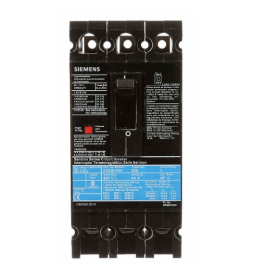 ED63B100L - LOW VOLTAGE SENTRON MOLDED CASE CIRCUIT BREAKER WITH THERMAL - MAGNETIC TRIP UNIT. STANDARD 40 DEG C BREAKER ED FRAME WITH STANDARD BREAKING CAPACITY. MEETS UL 489 / IEC 60947-2 STANDARDS. 100A 3-POLE BREAKER (18KAIC AT 600V) (25KAIC AT 480V). SPECIAL FEATURES: LINE AND LOAD SIDE LUGS (LN1E100) WIRE RANGE: 10 - 1/0AWG (CU/AL). DIMENSIONS (W x H x D) IN: 3 x 6.35 x 3.92. - Siemens