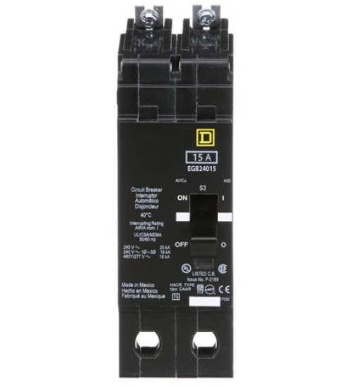Square D EGB24015 - Mini circuit breaker, E - Frame, 15A, 2 pole, 480Y/277VAC, 65kA max, bolt on | Schneider Electric