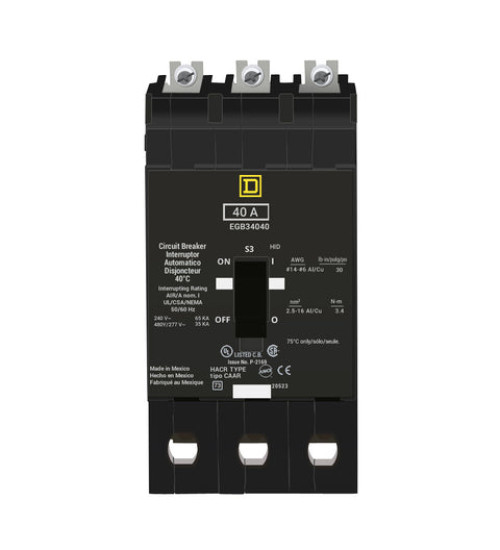 Square D EGB34040 - Mini circuit breaker, E - Frame, 40A, 3 pole, 480Y/277VAC, 65kA max, bolt on | Schneider Electric