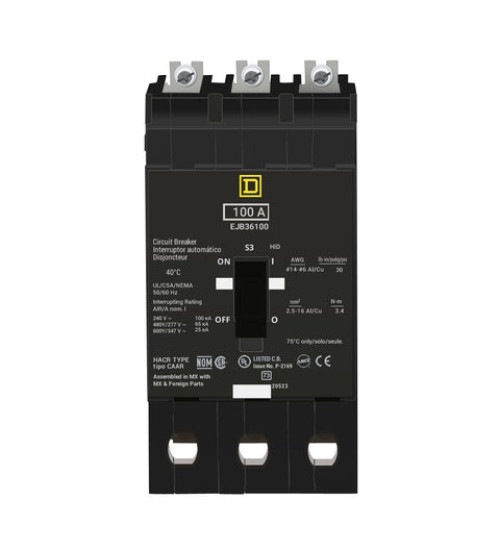 Square D EJB36100 - Mini circuit breaker, E - Frame, 100A, 3 pole, 600Y/347VAC, 100kA max, bolt on | Schneider Electric