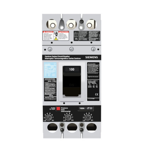 FXD63B100 - LOW VOLTAGE SENTRON MOLDED CASE CIRCUIT BREAKER WITH THERMAL - MAGNETIC TRIP UNIT. STANDARD 40 DEG C BREAKER FD FRAME WITH STANDARD BREAKING CAPACITY AND NON INTERCHANGEABLE TRIP. MEETS UL 489 / IEC 60947-2 STANDARDS. 100A 3-POLE BREAKER (22KAIC AT 600V) (35KAIC AT 480V). SPECIAL FEATURES: NO LUGS INSTALLED. DIMENSIONS (W x H x D) IN: 4.5 x 9.5 x 4. - Siemens