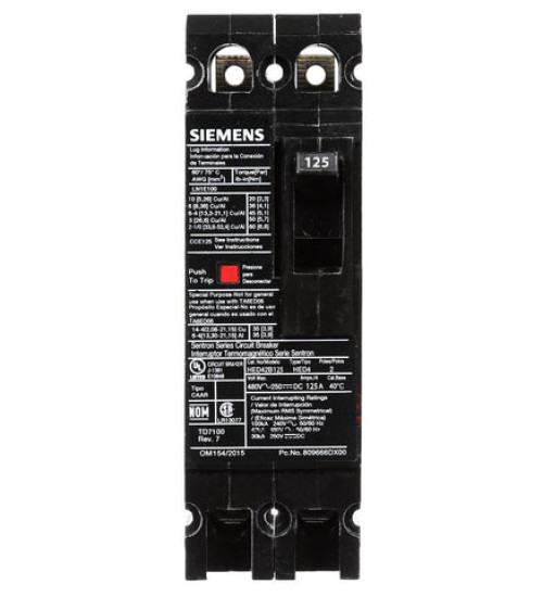 HED42B125 - LOW VOLTAGE SENTRON MOLDED CASE CIRCUIT BREAKER WITH THERMAL - MAGNETIC TRIP UNIT. STANDARD 40 DEG C BREAKER ED FRAME WITH HIGH BREAKING CAPACITY. MEETS UL 489 / IEC 60947-2 STANDARDS. 125A 2-POLE BREAKER (42KAIC AT 480V). SPECIAL FEATURES: LOAD LUGS ONLY (TA1E6125) WIRE RANGE: 3 - 3/0AWG (CU) / 1 - 2/0AWG (AL). DIMENSIONS (W x H x D) IN: 2 x 6.35 x 3.92. - Siemens