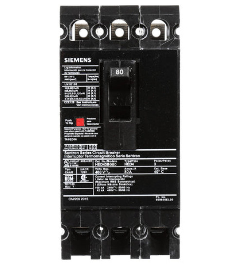 HED43B080 - LOW VOLTAGE SENTRON MOLDED CASE CIRCUIT BREAKER WITH THERMAL - MAGNETIC TRIP UNIT. STANDARD 40 DEG C BREAKER ED FRAME WITH HIGH BREAKING CAPACITY. MEETS UL 489 / IEC 60947-2 STANDARDS. 80A 3-POLE BREAKER (42KAIC AT 480V). SPECIAL FEATURES: LOAD LUGS ONLY (LN1E100) WIRE RANGE: 10 - 1/0AWG (CU/AL). DIMENSIONS (W x H x D) IN: 3 x 6.35 x 3.92. - Siemens