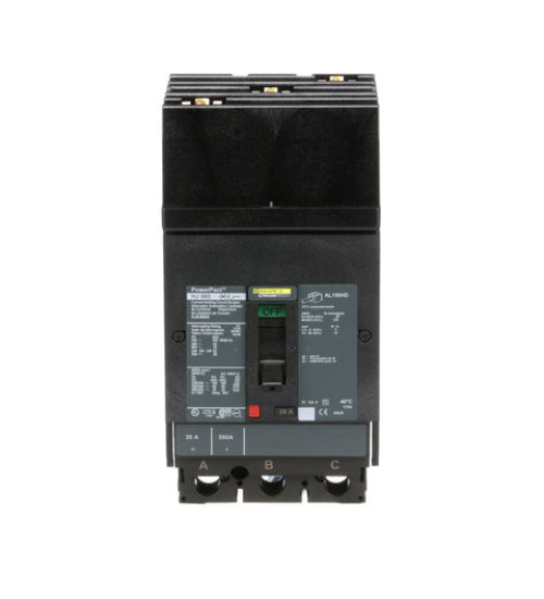 Square D HJA36020 - Circuit breaker, PowerPacT H, 20A, 3 pole, 600VAC, 25kA, I - Line, thermal magnetic, 80%, ABC | Schneider Electric