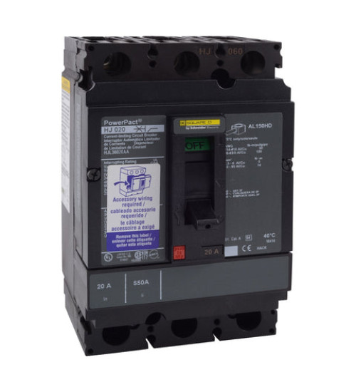 Square D HJL36020AA - Circuit breaker, PowerPacT H, 20A, 3 pole, 600VAC, 25kA, lugs, thermal magnetic, 80%, aux switch | Schneider Electric