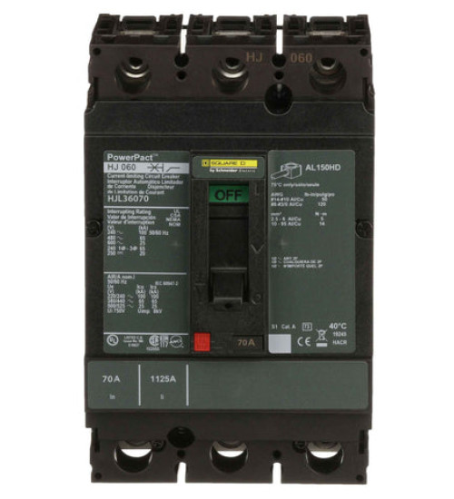 Square D HJL36070 - Circuit breaker, PowerPacT H, 70A, 3 pole, 600VAC, 25kA, lugs, thermal magnetic, 80% | Schneider Electric