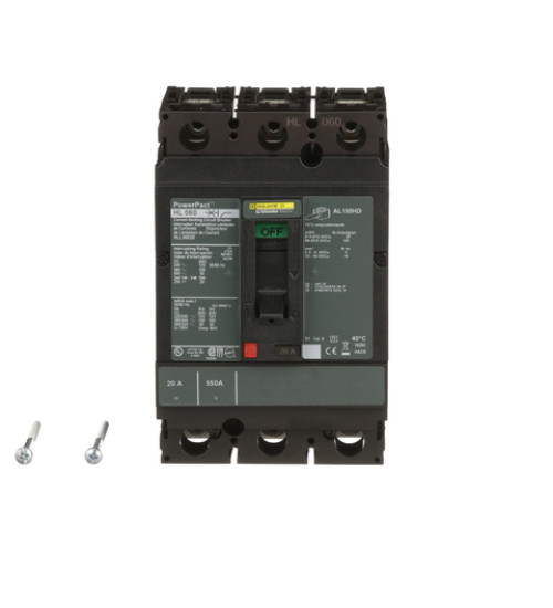 Square D HLL36020 - Circuit breaker, PowerPacT H, 20A, 3 pole, 600VAC, 50kA, lugs, thermal magnetic, 80% | Schneider Electric