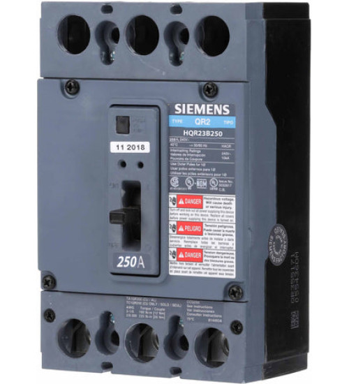 HQR23B250 - LOW VOLTAGE MOLDED CASE CIRCUIT BREAKER WITH THERMAL - MAGNETIC TRIP. QR FRAME STANDARD 40C BREAKER. 250A 3-POLE (65KA AT 240V). SPECIAL FEATURES: NO LUGS INSTALLED. - Siemens
