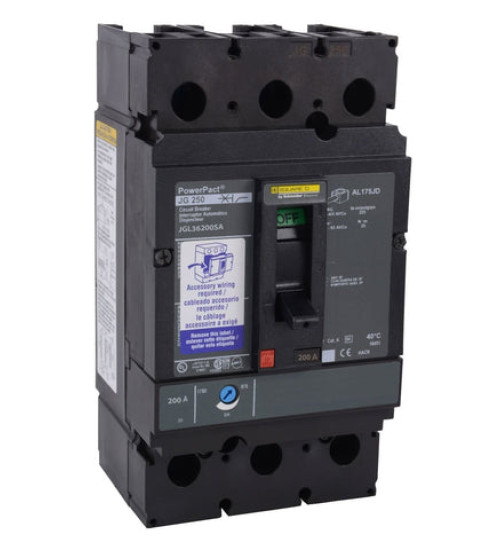 Square D JGL36200SA - Circuit breaker, PowerPacT J, 200A, 3 pole, 600VAC, 18kA, lugs, thermal magnetic, 80%, shunt | Schneider Electric