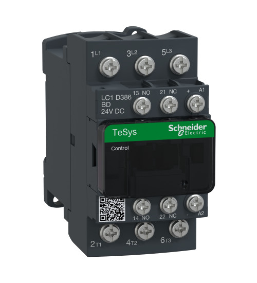 LC1D386BD - contactor, TeSys Deca, 3P (3NO), AC - 3/ AC - 3e, <=440V, 38A, 24VDC coil, lugs - ring terminals - Schneider Electric