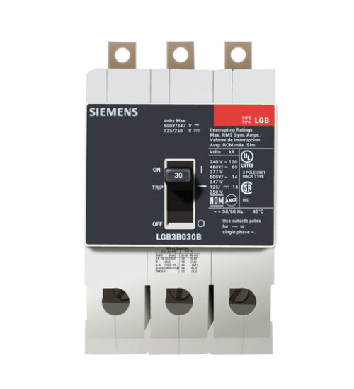 LGB3B030B - LOW VOLTAGE PANELBOARD MOUNT G FRAME CIRCUIT BREAKER WITH THERMAL - MAGNETIC TRIP UNIT. UL LISTED LGB FRAME WITH VERY HIGH BREAKING CAPACITY. 30A 3-POLE (14KAIC AT 600Y/347V) (65KAIC AT 480Y/277V). SPECIAL FEATURES: LOAD SIDE LUGS ONLY (TC1Q1) WIRE RANGE: 14 - 10 AWS (CU/AL). DIMENSIONS (W x H x D) IN: 3 x 5.4 x 2.8. - Siemens