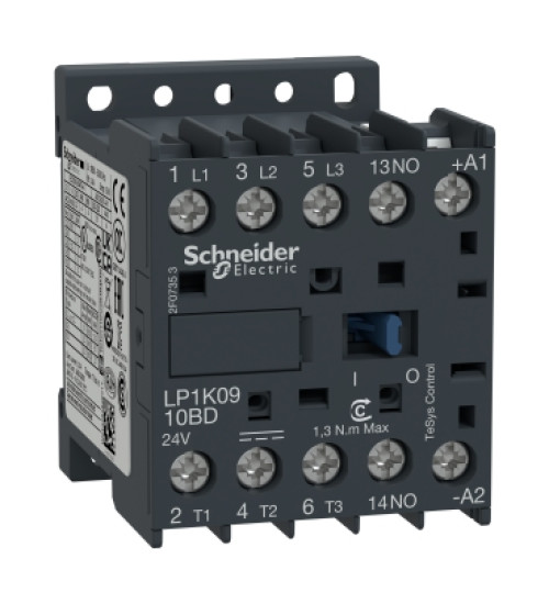 LP1K0910BD - TeSys K contactor AC 3P AC AC-3 <= 440 V 9 A - 1 NO aux. - 24 V DC coil - Schneider Electric