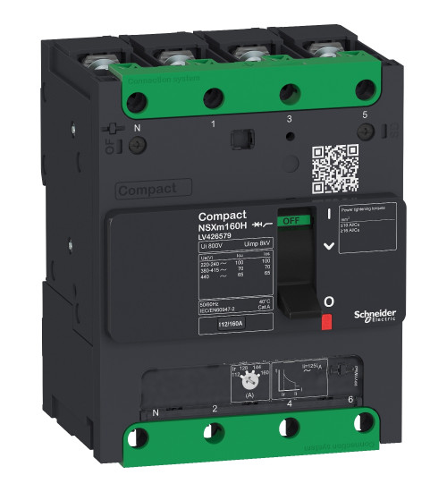 LV426567 - circuit breaker Compact NSXmH(70kA at 415V AC ), 4P 3d, 100A rating TMD trip unit, compression lugs and busbar connectors - Schneider Electric