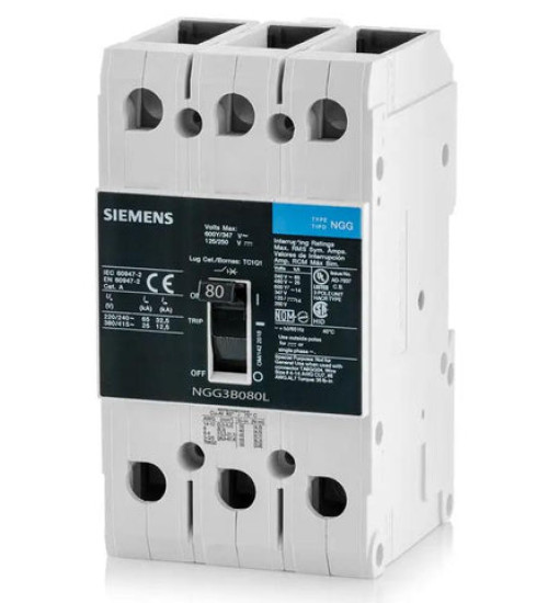 NGG3B080L - LOW VOLTAGE G FRAME CIRCUIT BREAKER WITH THERMAL - MAGNETIC TRIP UNIT. UL LISTED NGG FRAME WITH STANDARD BREAKING CAPACITY. 80A 3-POLE (14KAIC AT 600Y/347V) (25KAIC AT 480V). SPECIAL FEATURES: LINE AND LOAD SIDE LUGS (TC1GG20) WIRE RANGE: 8 - 1/0 AWS (CU/AL). DIMENSIONS (W x H x D) IN: 3 x 5.4 x 2.8. - Siemens