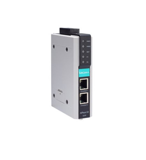 NPort IA-5250I, 2-port RS-232/422/485 industrial automation device server with serial/LAN/power surge protection, 2 10/100BaseT(X) ports with single IP, 0 to 60°C operating temperature, 2 kV isolation