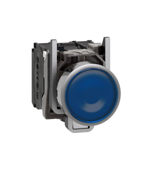XB4BW36B5 - Illuminated push button, Harmony XB4, metal, blue flush, 22mm, universal LED, plain lens, 1NO + 1NC, 24V AC/DC - Schneider Electric