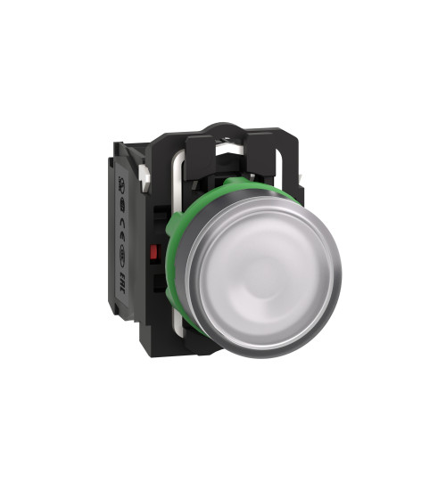 XB5AW31G5 - Illuminated push button, Harmony XB5, plastic, flush, white, 22mm, universal LED, plain lens, 1NO + 1NC, 110...120V AC - Schneider Electric
