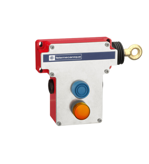 XY2CE1A296 - Latching emergency stop rope pull switch, Telemecanique rope pull switches XY2C, RH side, 2NC+2 NO, pilot light 130 V, boot.