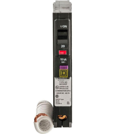 Square D QO120DF - Mini circuit breaker, QO, 20A, 1 pole, 120VAC, 10kA, plug in, dual function, plug on neutral | Schneider Electric