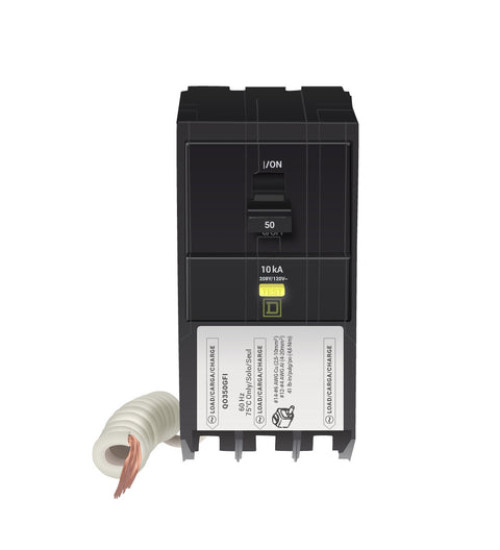 Square D QO350GFI - Mini circuit breaker, QO, 50A, 3 pole, 208Y/120VAC, 10kA, plug in, 6mA grd fault A, pigtail | Schneider Electric